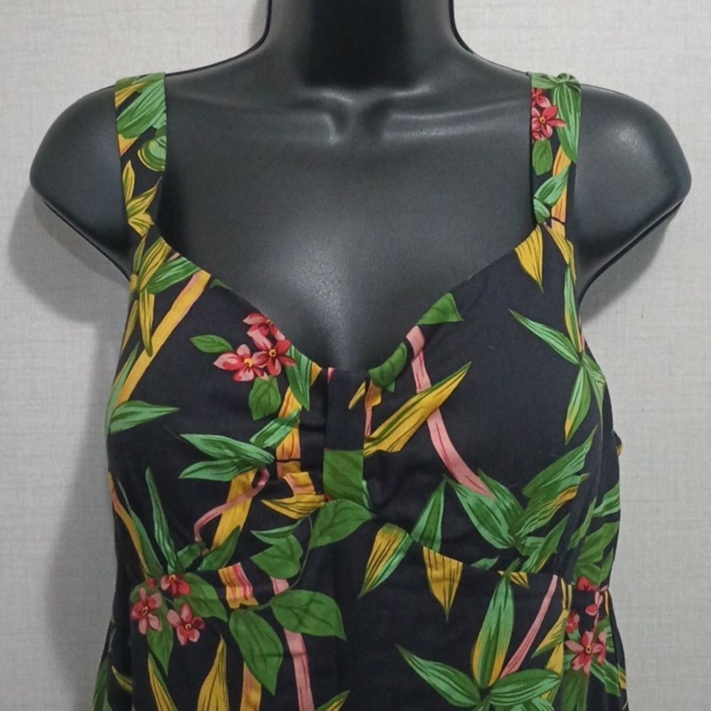 R&K Black Tropical Floral Midi Dress with Green & Yellow Leaf Print - Picture 3 of 14